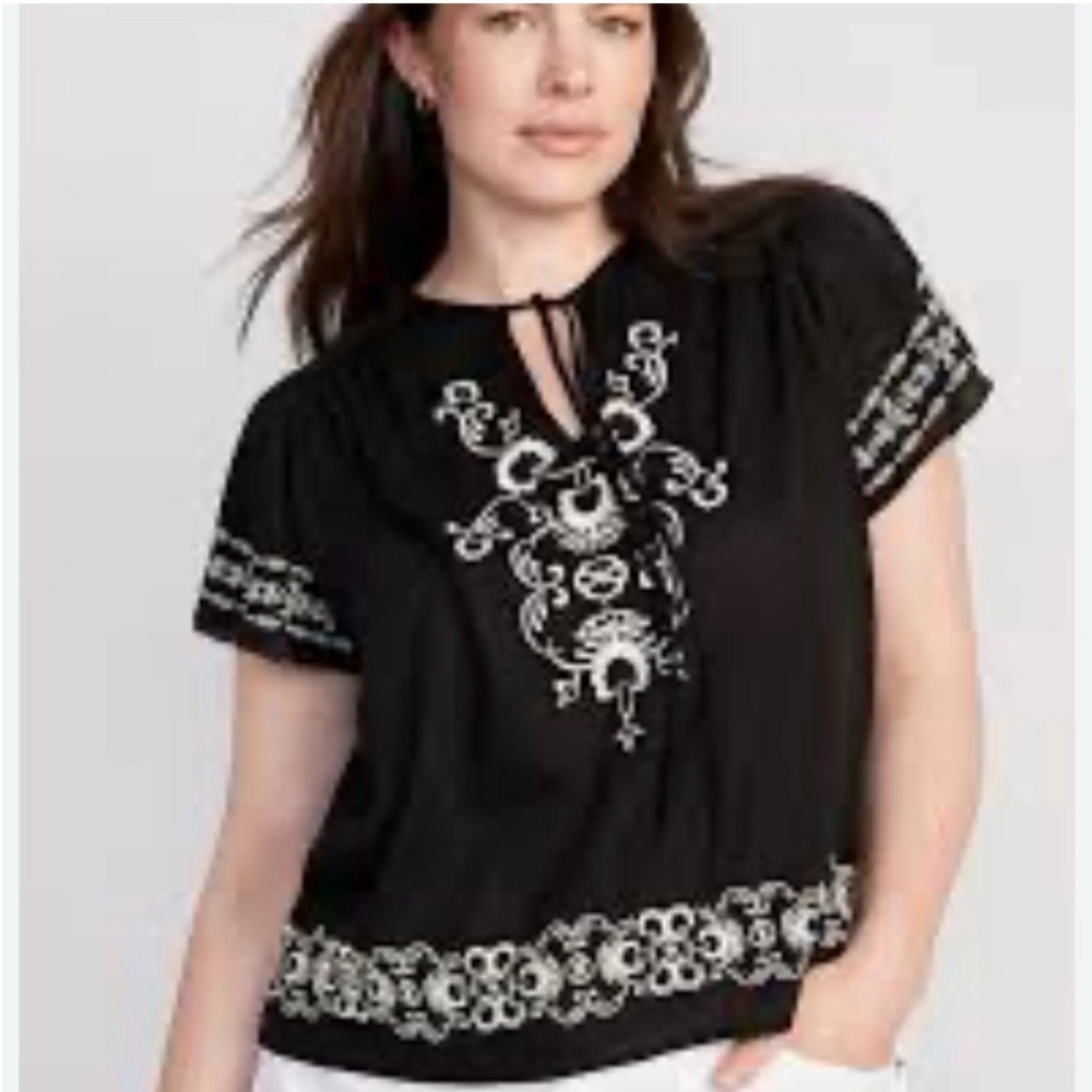 Old Navy Black Blouse with White Embroidery